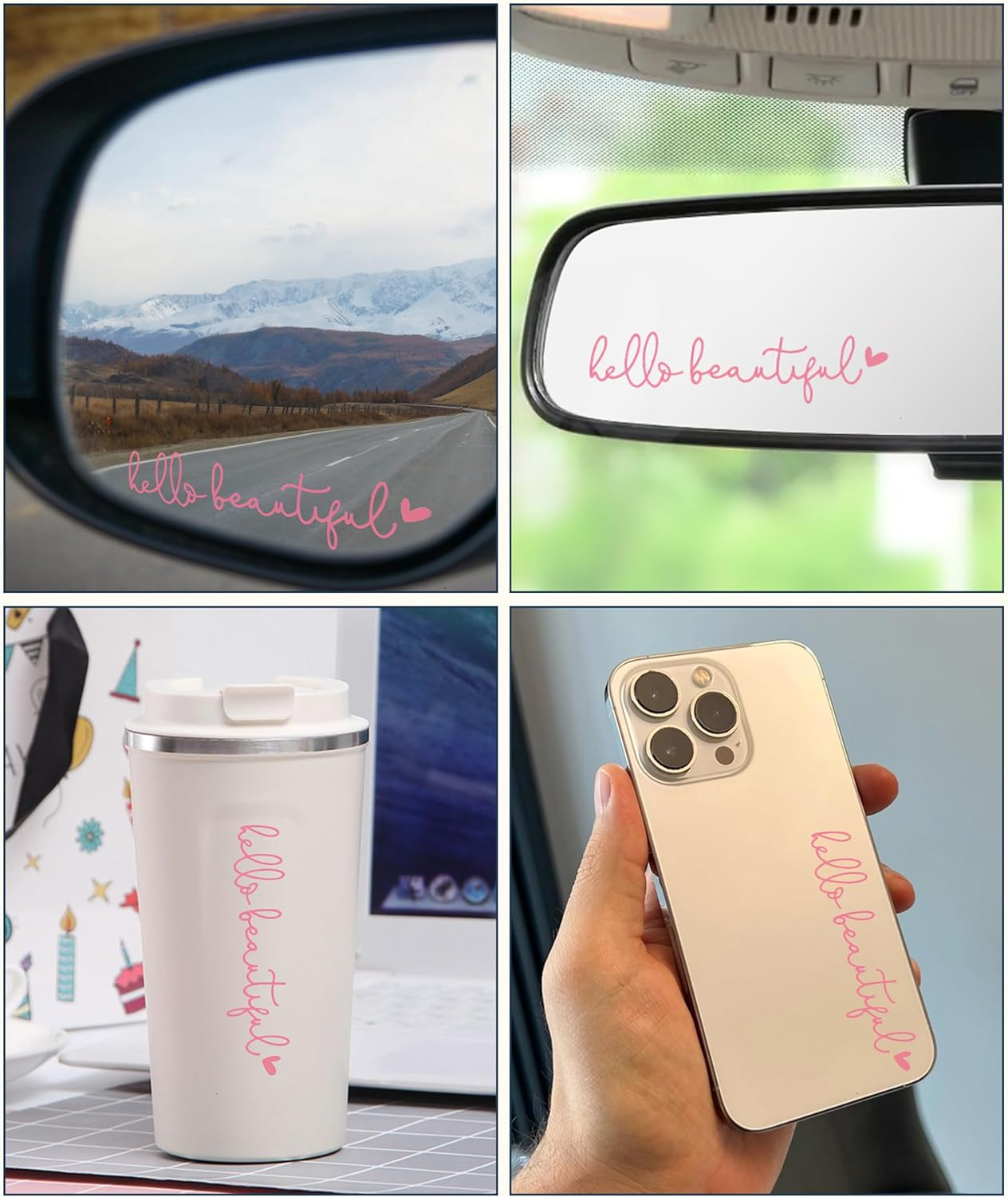 Car Decals,Car Window Decals,Decals for Vehicles,Car Accessories Car Window Stickers,Self Affirmations Decal,Hello Beautiful Mirror Decal,Rear View Mirror Sticker,Car Stickers for Women (Pink)