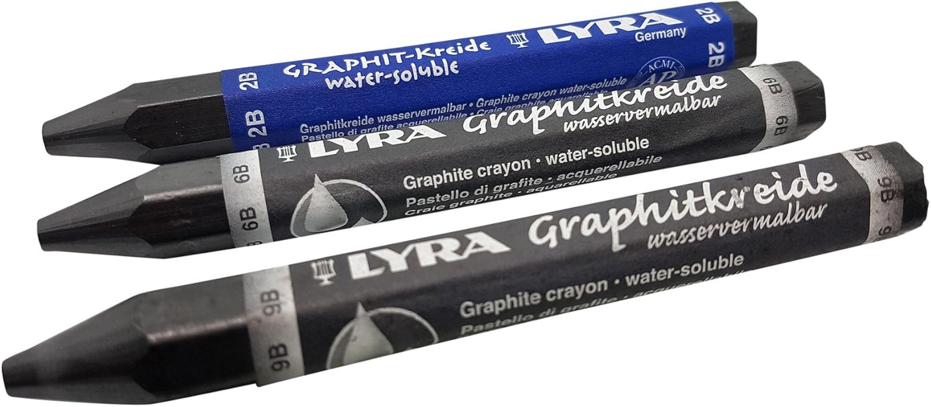 LYRA Graphite Stick, Assorted Degree Graphite Stick Set - Water Soluble - 2B 6B 9B, Art, Drawing Supplies for Sketch & Shading Pencils - 3 Crayon Stick