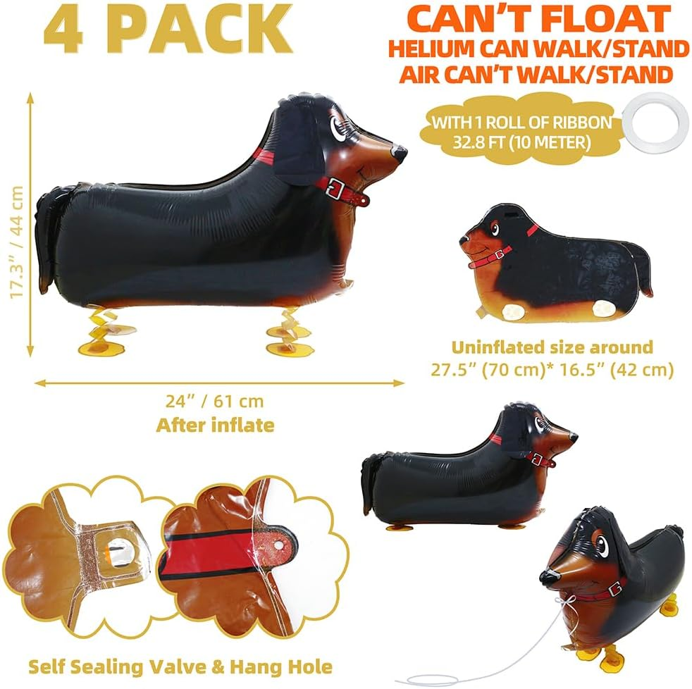 4 Pack Dachshund Dog Balloons, Air Walker Pet Animal Doggy Party Decoration, Brown, Black, 4 Count, 24''