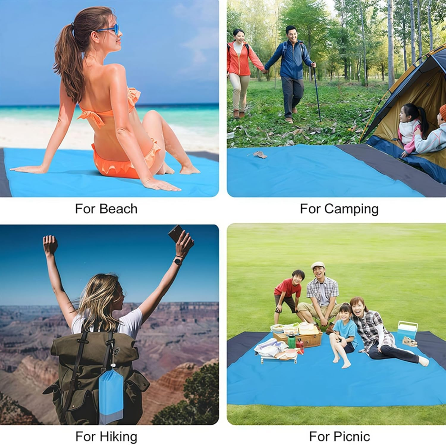 Extra Large Waterproof Picnic Blanket ： Beach Mat, Outdoor Camping Mat &ndash; Foldable, Portable, Sandproof, Tear-Resistant with Carry Bag for Family & Travel (Blue) - Blue image number 4