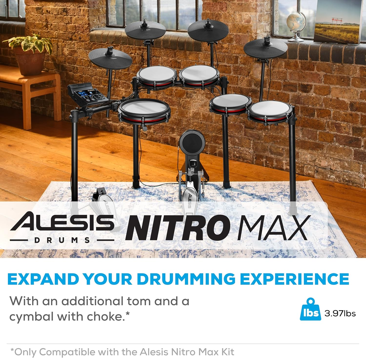 Alesis Drums Nitro Max Expansion Pack - Electric Drum Kit Expansion for Nitro Max with Mesh Tom Pad, 10" Cymbal with Choke and Connection Cables image number 5