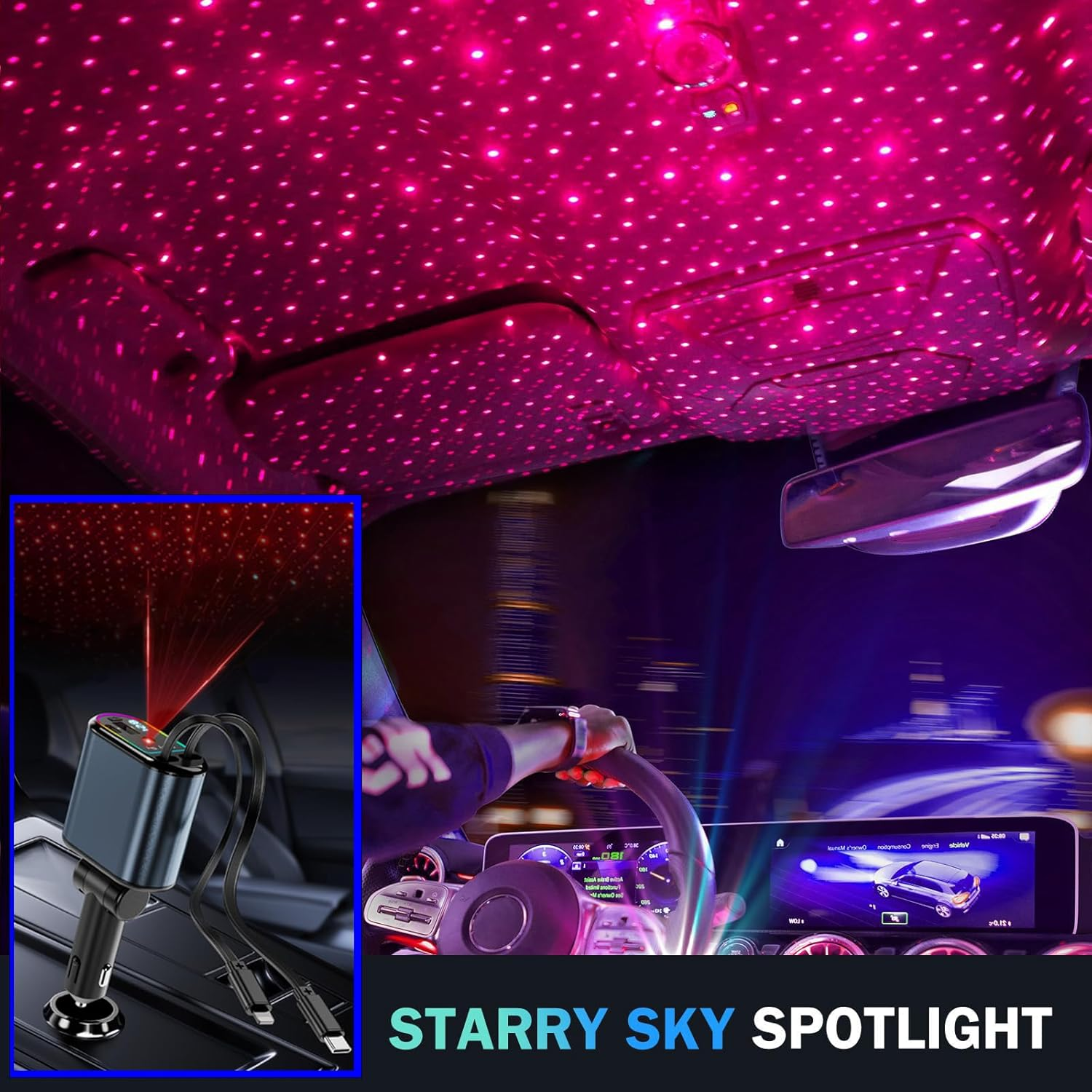 Upgraded Retractable Car Charger 120W with Starlight, 4 in 1 Retractable Car Charger with Type-C Cable, Ios Cable, USB-C & USB-A Compatible with Iphone 16/15/14/13/12/11,Galaxy,Pixel image number 2