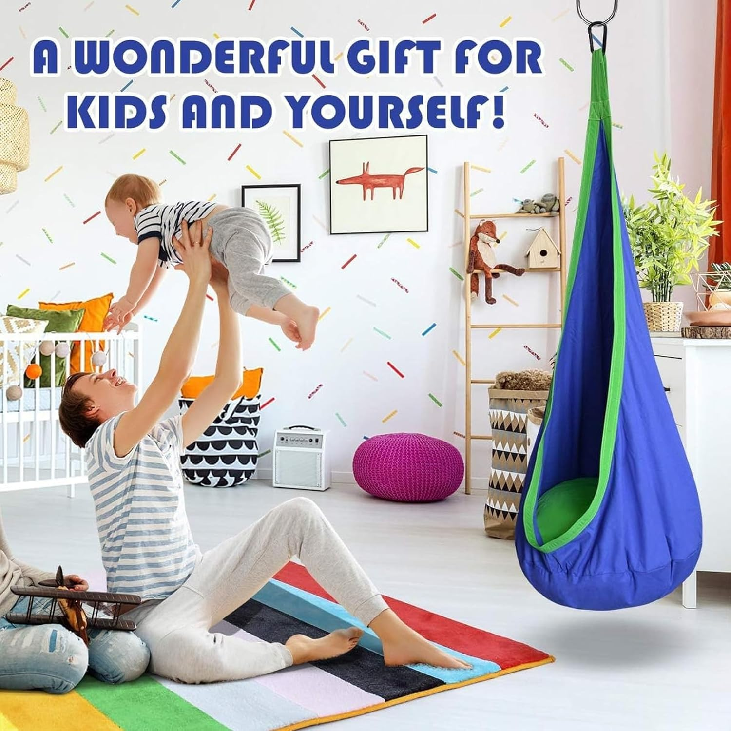 Sensory Swing, Kids Pod Swing Seat, 100% Cotton Child Hanging Hammock Chair for Indoor Outdoor with Inflatable Pillow and All Accessories, Rope Hanging Swing Seat Nest, Max 150Lbs(Light Blue)