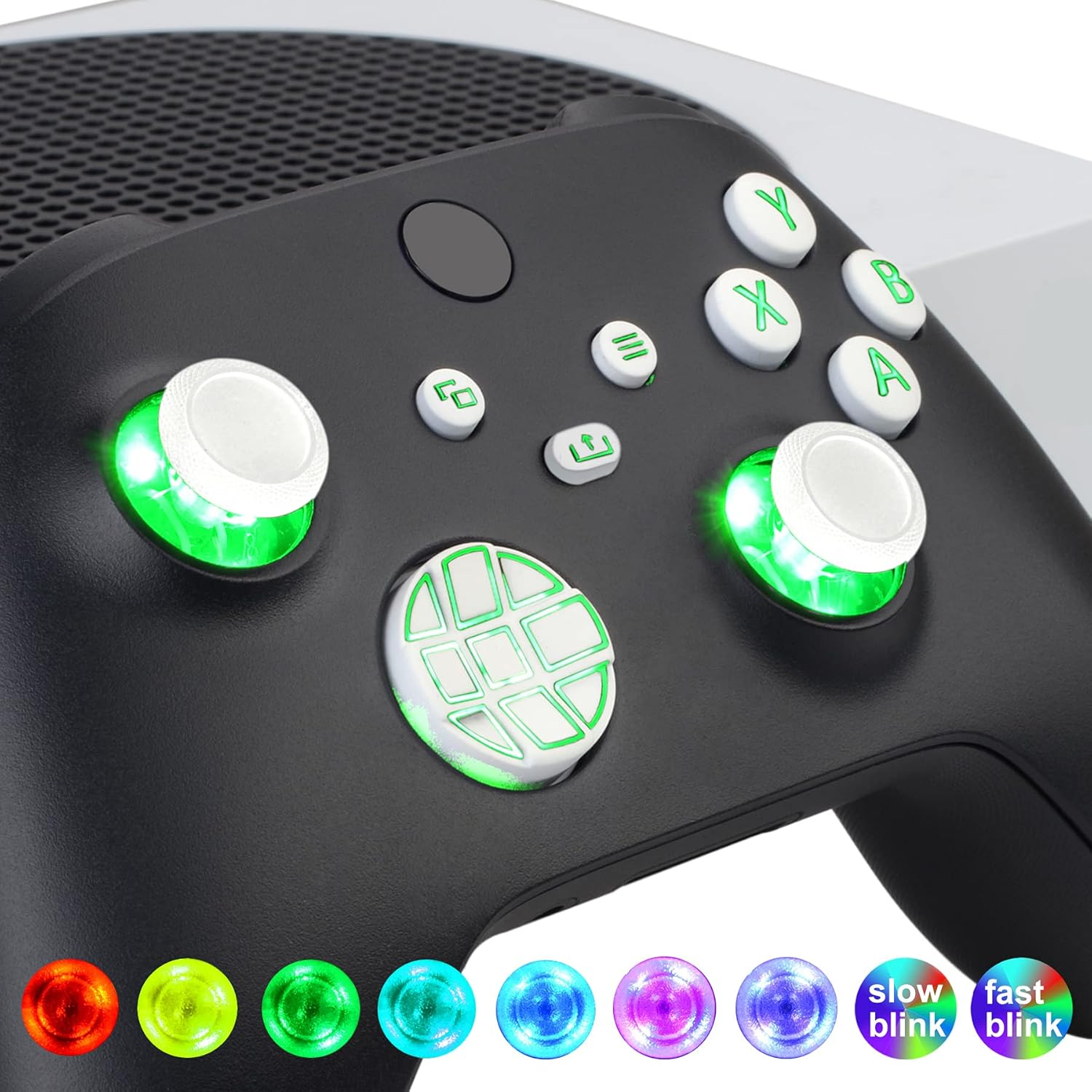 Extremerate Multi-Colors Luminated Dpad Thumbsticks Start Back Sync ABXY Buttons for Xbox Series X/S Controller, White Classical Symbols Buttons DTF LED Kit for Xbox Core Controller
