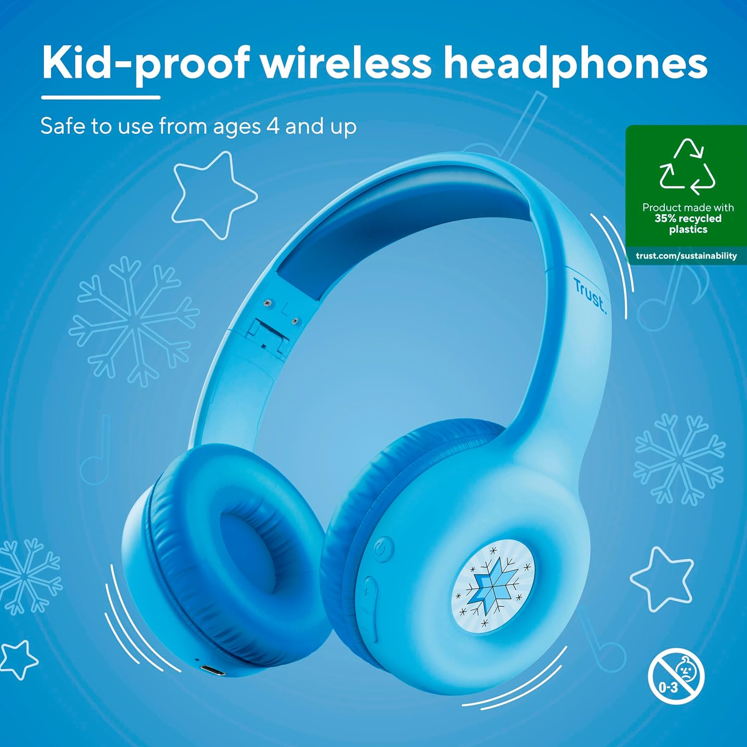 Trust Nouna Kids Headphones Wireless with Safe Volume Limit (85Db) for Girls, Children Age 4-10, on Ear Foldable Headset with Microphone, Kids Bluetooth Headphones with Stickers, 15H Playtime, Blue - Blue image number 5