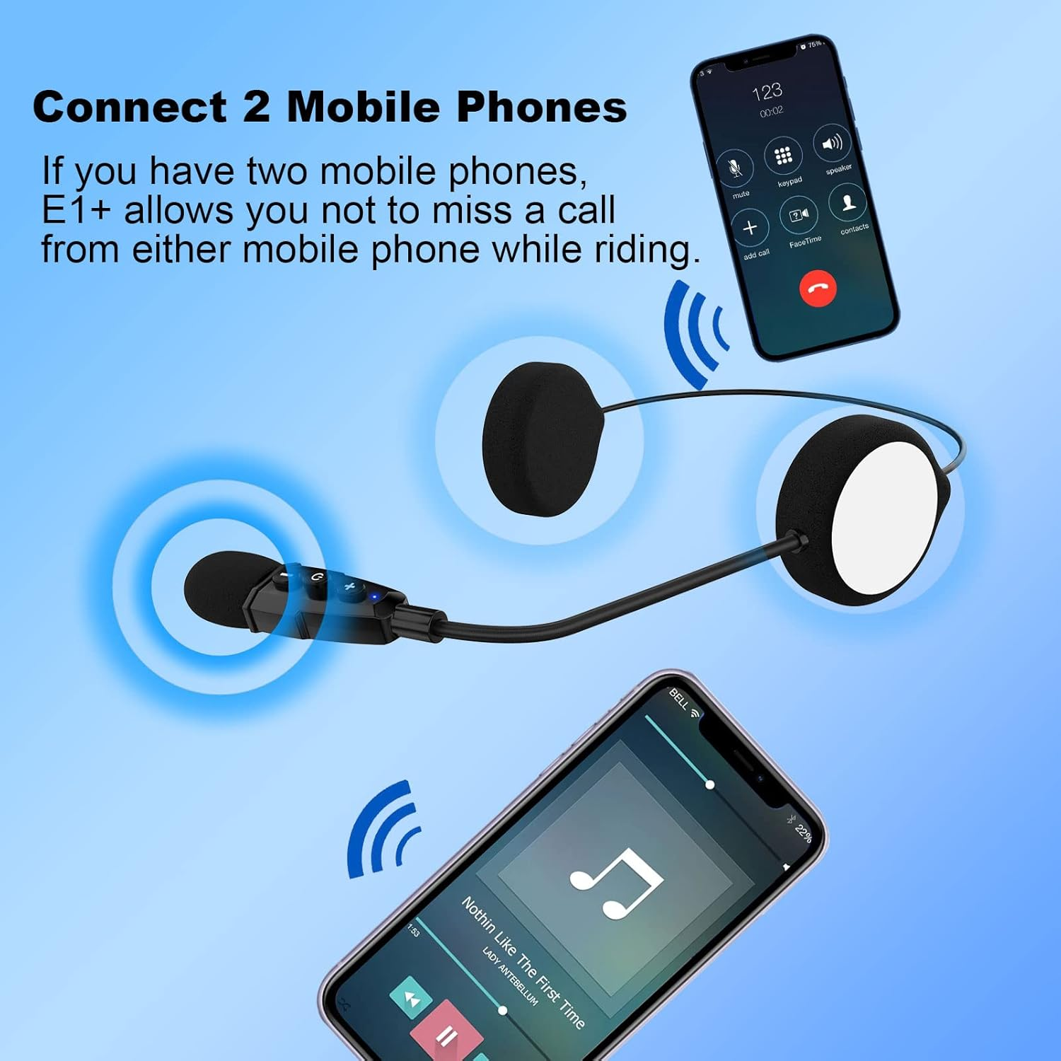 EJEAS E1+ Motorcycle Helmet Bluetooth Headset, Bluetooth 5.1 Helmet Speaker with Auto Answering Call and Noise Reduction Function, Motorcycle Helmet Headphone Can Connect 2 Mobile Phones image number 5