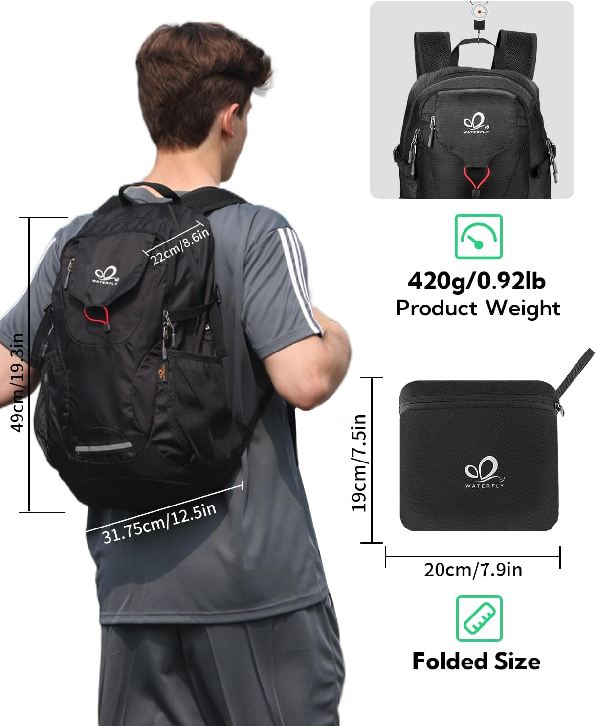 WATERFLY Lightweight Packable Hiking Backpack： Foldable Travel Daypack Camping Ultralight Day Pack for Woman Man - Black image number 6