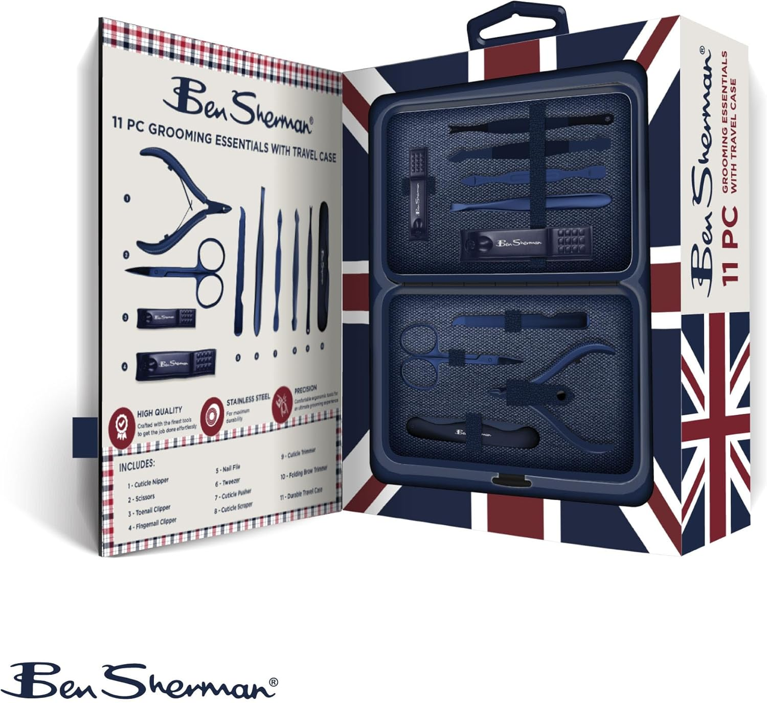 Ben Sherman Nail Clippers for Men Travel Size Nail Clipper Set, 11 Pcs Mens Nail Grooming Kit Includes Nail Clippers, Scissors, Tweezers and Traveling Case image number 5