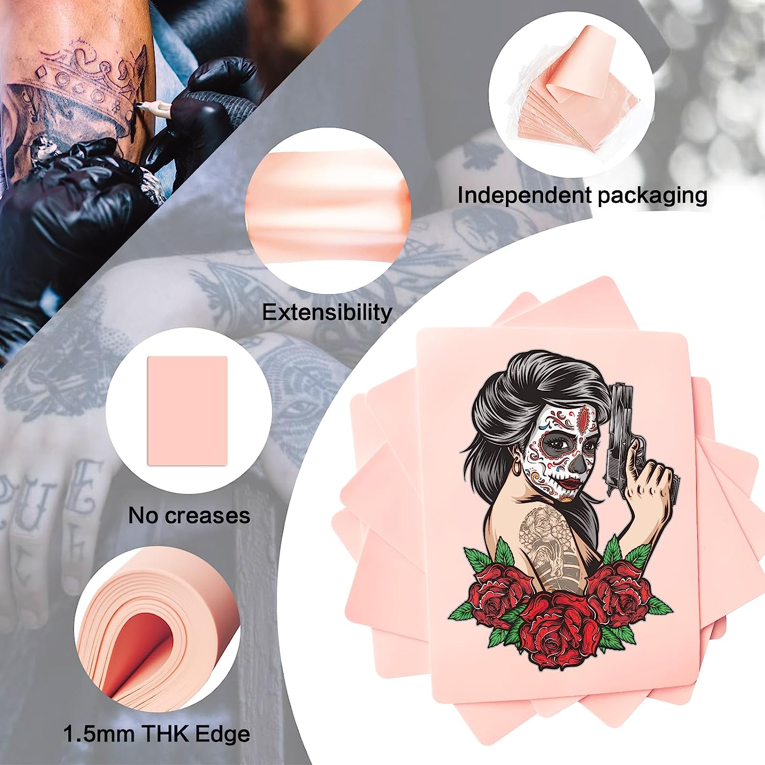 PIXESTT Tattoo Skin Practice, Double Sides Fake Skin for Tattoo Supplies, Tattoo Kit, for Beginners and Experienced Tattoo Artists. (10 Sheets) image number 2