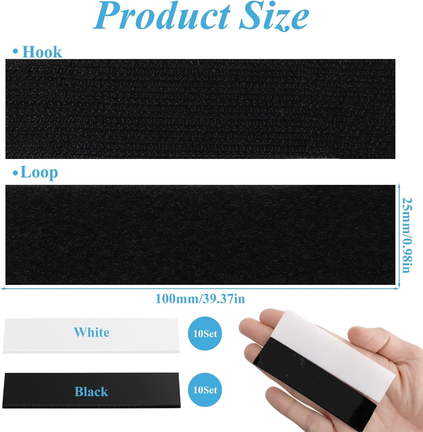 20 Sets Sticky Velcro Strips, Industrial Strength Hook and Loop Tape Double-Sided Adhesive, Use for Carpet Couch Cushions Pedal Board Picture Hanging Office Home, 10 X 2.5 CM (Black & White) image number 1