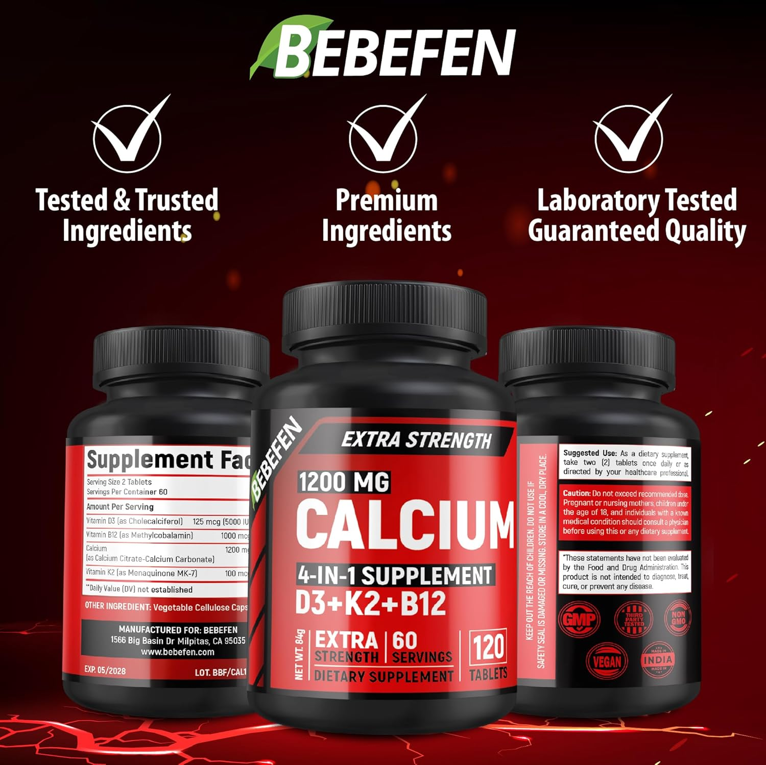 Calcium 1200 Mg with 5000 IU Vitamin D3, 100Mcg Vitamin K2, 1000Mcg Vitamin B12-120 Tablets image number 2