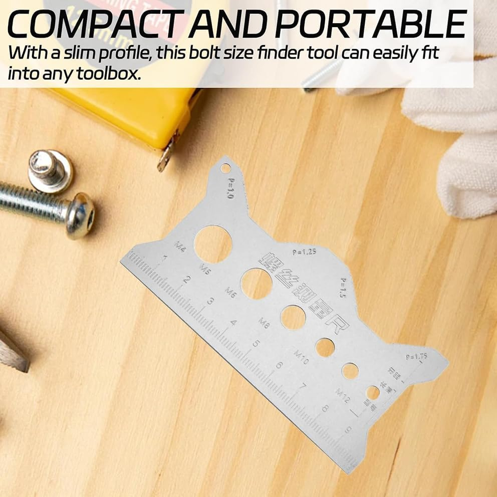 Screw Gauge Bolt Gauge Card Double Sided Compact, Stainless Steel, Portable, Compact, Bolt Sizing Tool, for Repairers Engineers Machinists