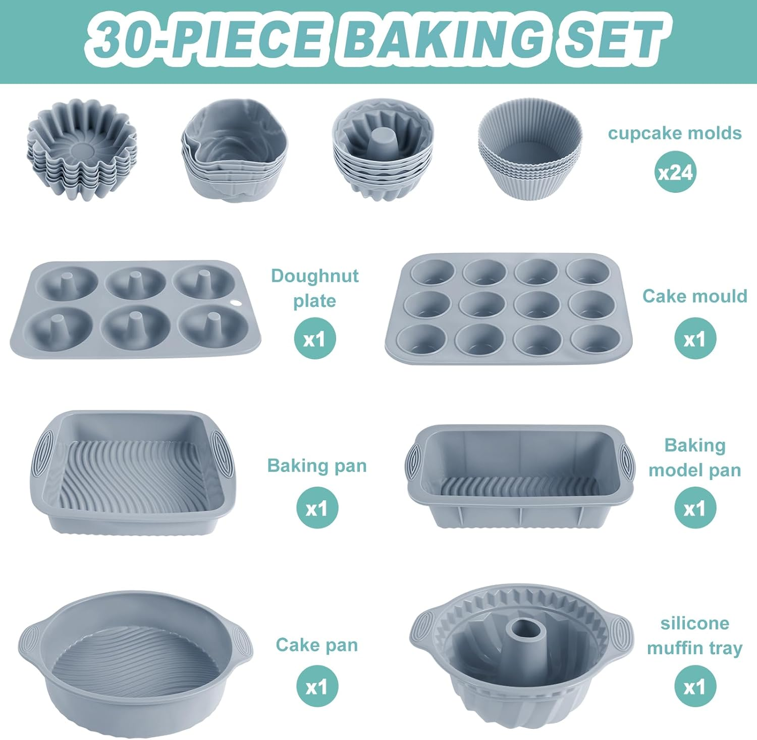 30Pcs Silicone Bakeware Set Including Baking Pan Silicone Cake Mold Baking Sheet Donut Pan Silicone Muffin Pan Cake Pan and 24 Silicone Cupcake Mold Baking Cup Heat Resistant Bakeware Tools Kit (Gray) image number 1