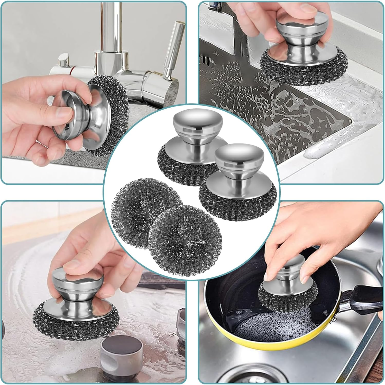2Pcs Stainless Steel Scrubber with 2 Replacement Wire Pads, Steel Scrubber for Dishes with Stainless Steel Handle, Steel Wool Scrubber for Cleaning Dishes, Stock Pots, Pans, Griddles, and Grills image number 2