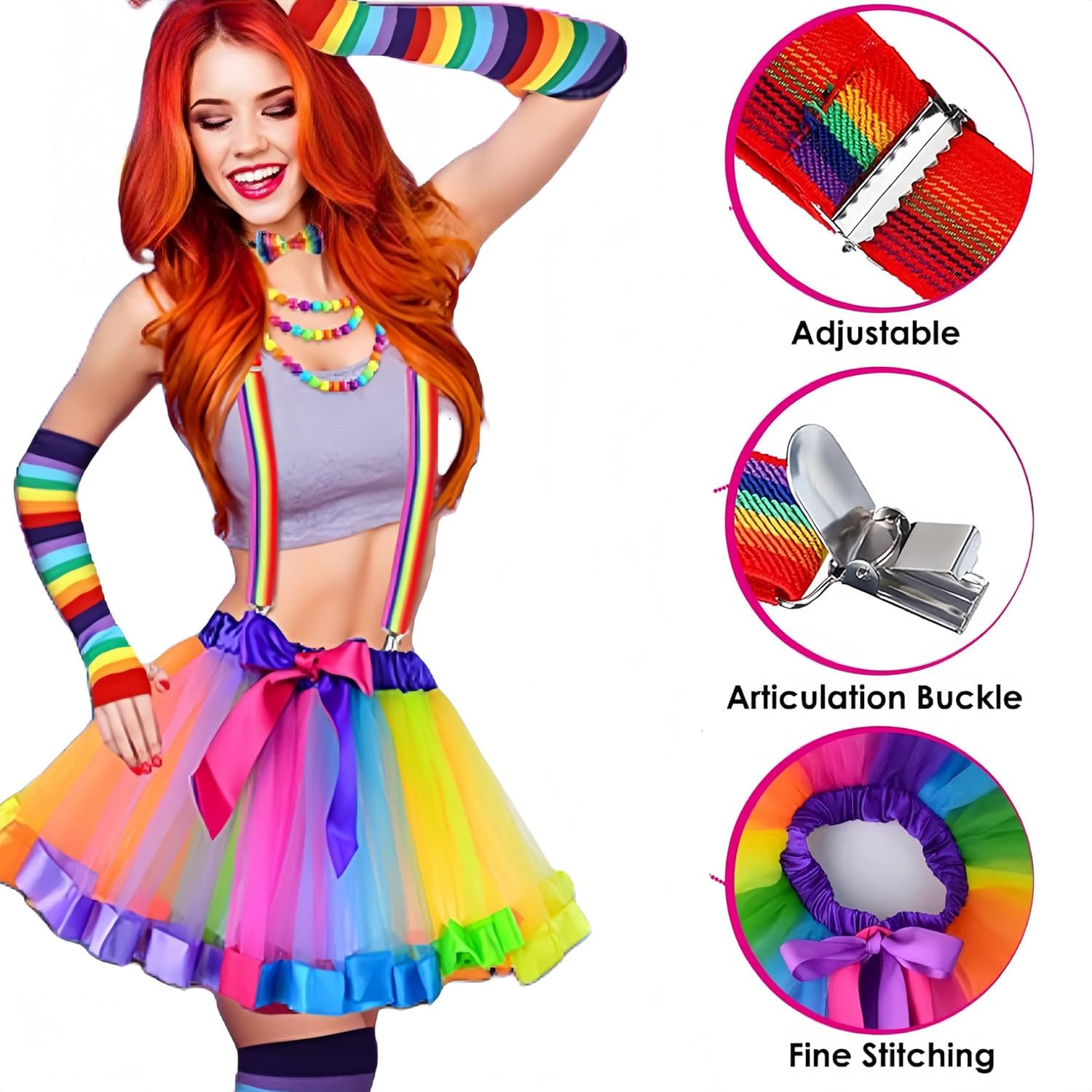 AUTOWT 80S Women Costume Accessories Set, Rainbow Fancy Outfits Long Stretchy Gloves Socks Tulle Tutu Skirt Adjustable Suspender Bow Ties for Cosplay Themed Party image number 5