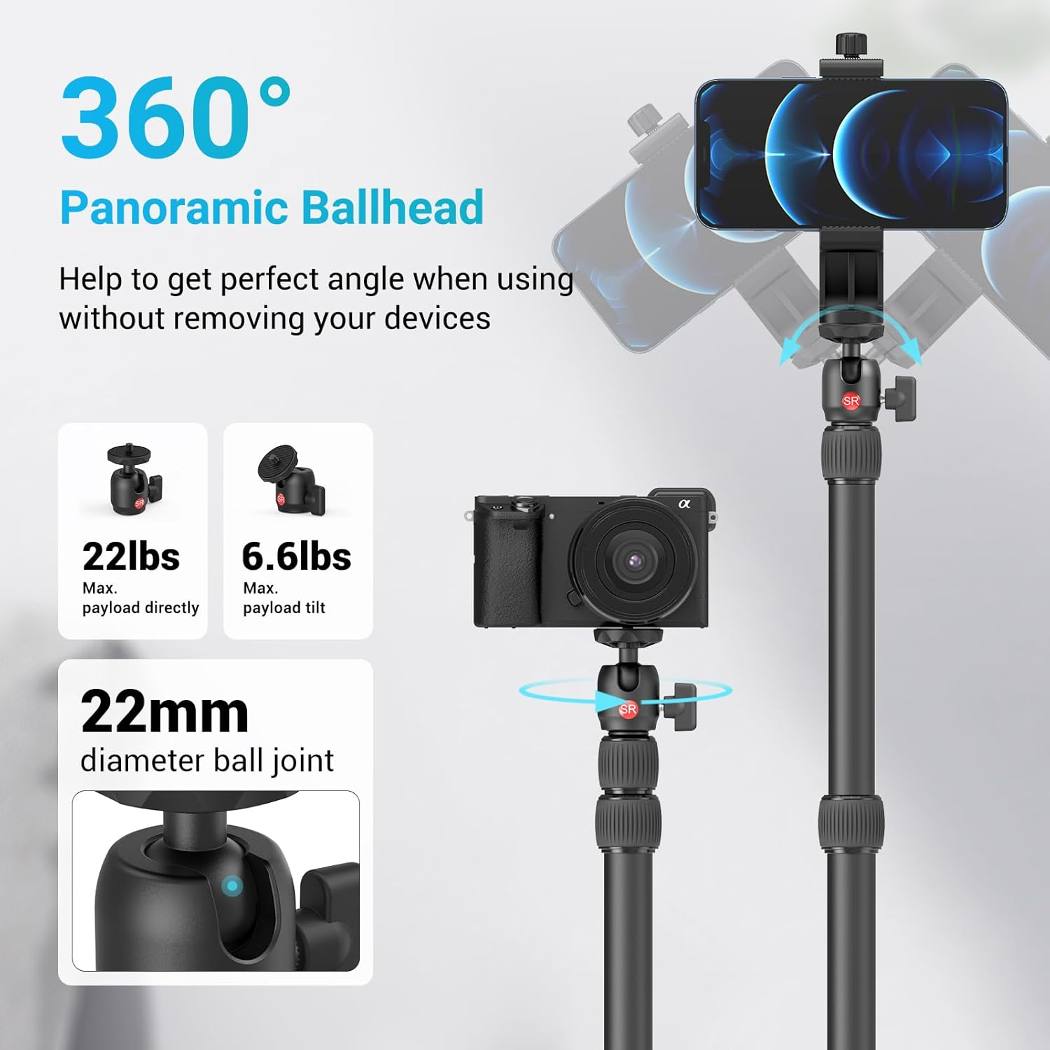 Camera Desk Mount Table Stand with 1/4" Ball Head, 48.5Cm-100Cm Adjustable Light Stand, Tabletop C Clamp for DSLR Camera, Ring Light, Live Streaming, Photo Video Shooting (1 PC) image number 3