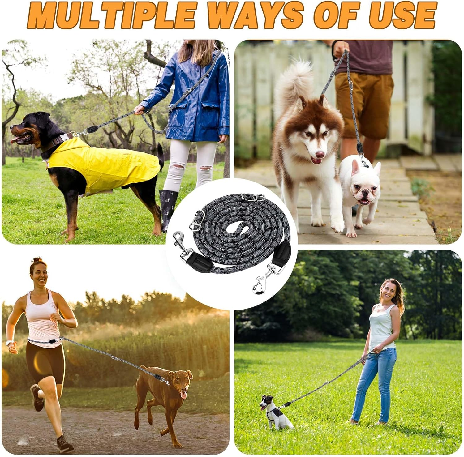 Dog Lead with 2 Carabiners, 2 Rings, Reflective, Adjustable Double Lead, 2.6 M Multifunctional Dog Lead for Large and Medium Dogs