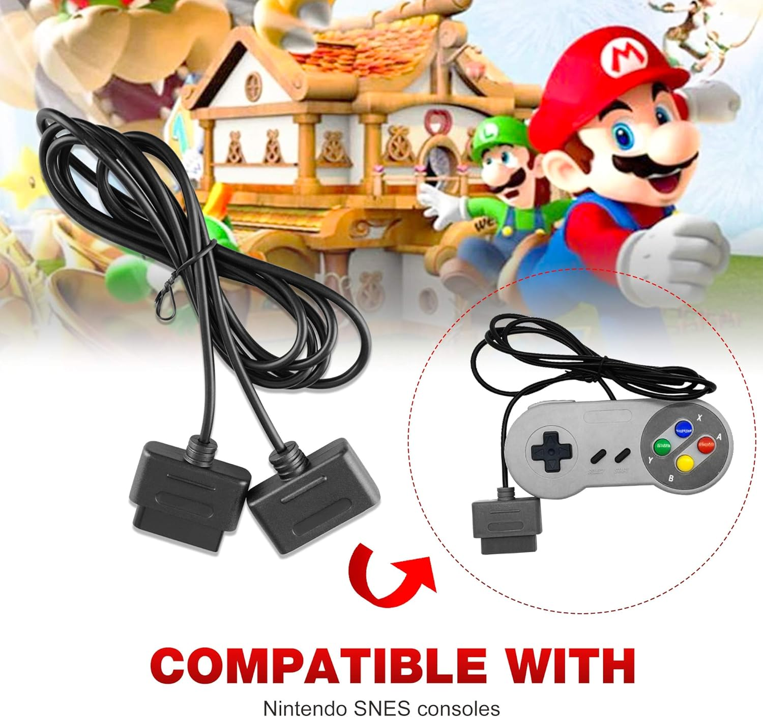 2Pack 6Ft SNES Controller Extension Cable for Retro-Bit SNES Super Nintendo Entertainment System Console