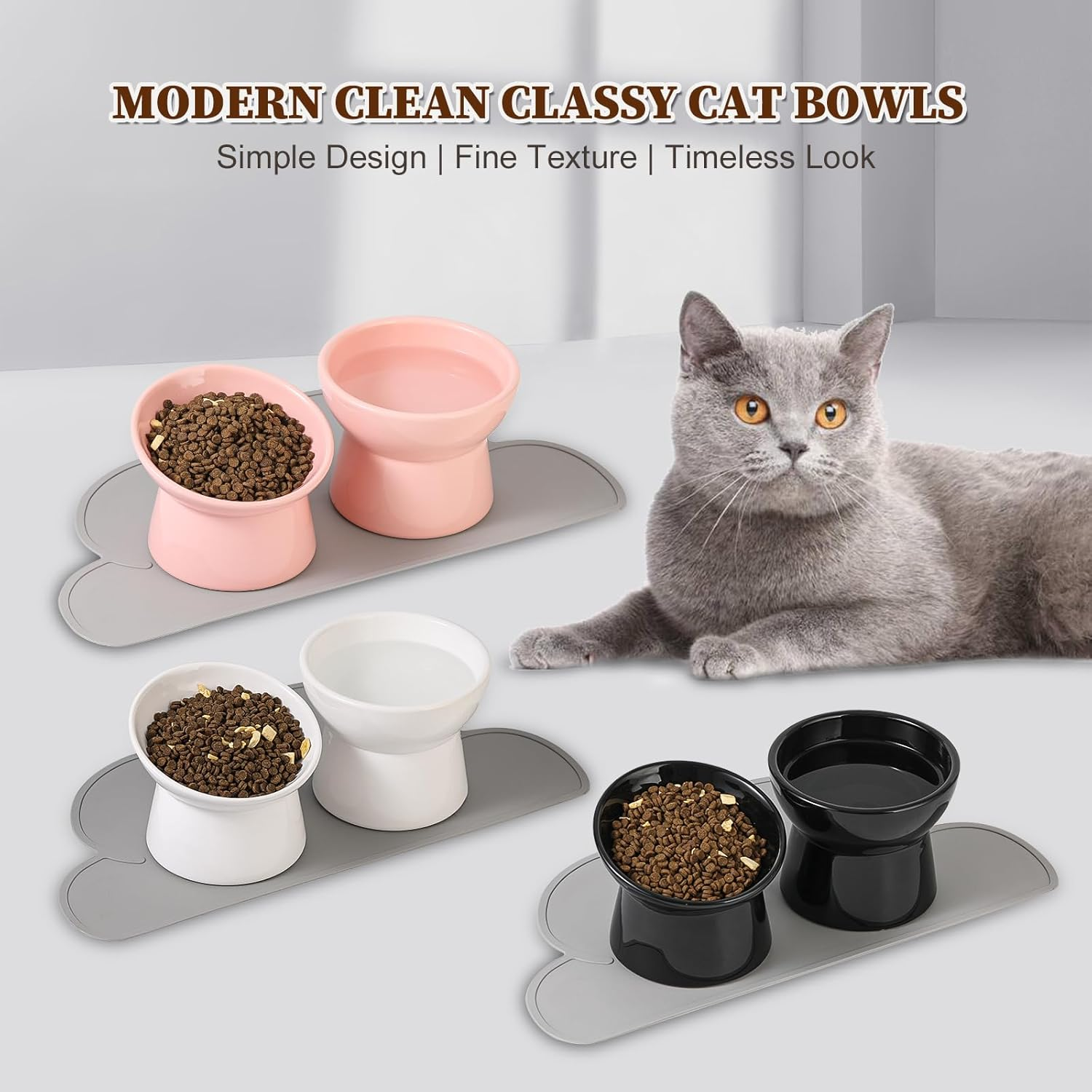 Cat Food Water Bowl Set - Raised Ceramic Cat Feeding Bowls with Non Slip Mat - Elevated Cat Dishes anti Vomiting - Extra Wide Large Cat Bowl Whisker Friendly - Microwave and Dishwasher Safe - 3 Pack image number 4