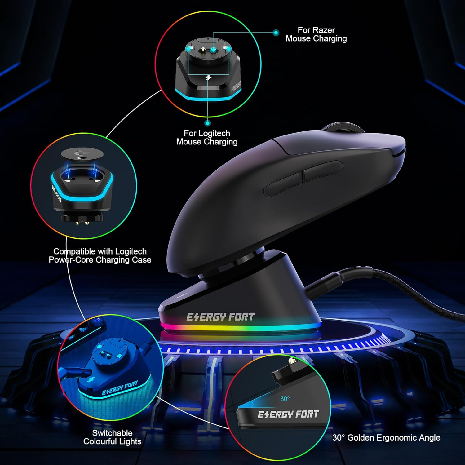 For Logitech G Pro Wireless Gaming Mouse Charging Dock RGB Compatible with Logitech PRO X Superlight 2 DEX(2024), G PRO X Superlight 2(2023), G502X Lightspeed, for Razer Wireless Mouse - Brown image number 3