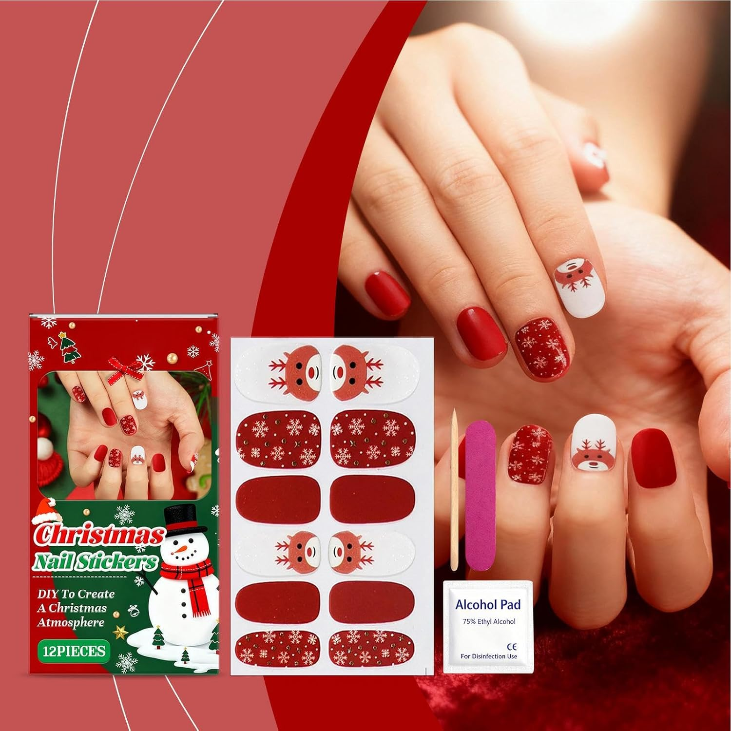 Christmas Nail Wraps | Glitter Art Decal,Snowflake Elk Design Gel Nail Wraps with File and Stick,For Holiday Winter Home Party Salon