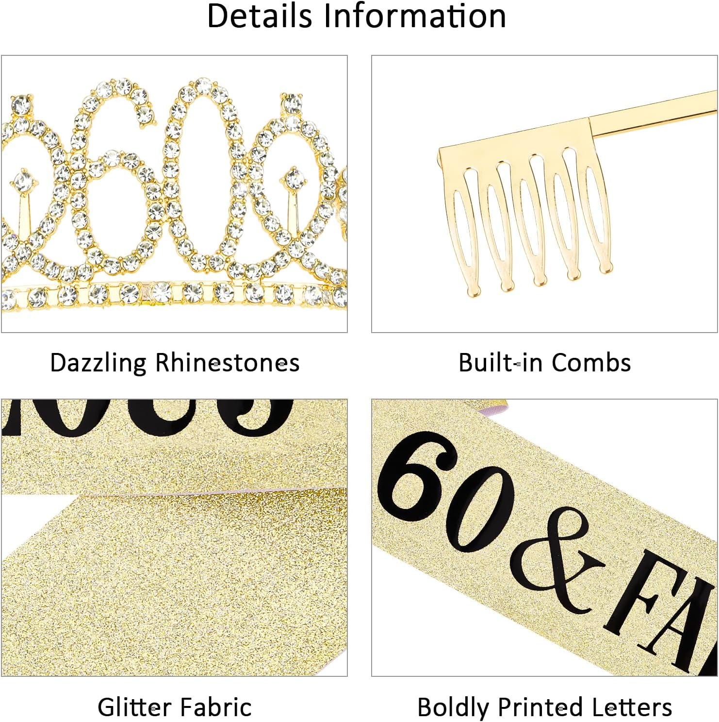 KIUEZIR Golden 60Th Birthday Tiara & Sash Set - Rhinestone Alloy 60Th Crown with Comb & Glitter Ribbon "60 & Fabulous" for Mom'S & Grandma'S Birthday Parties, Anniversaries and Photoshoots