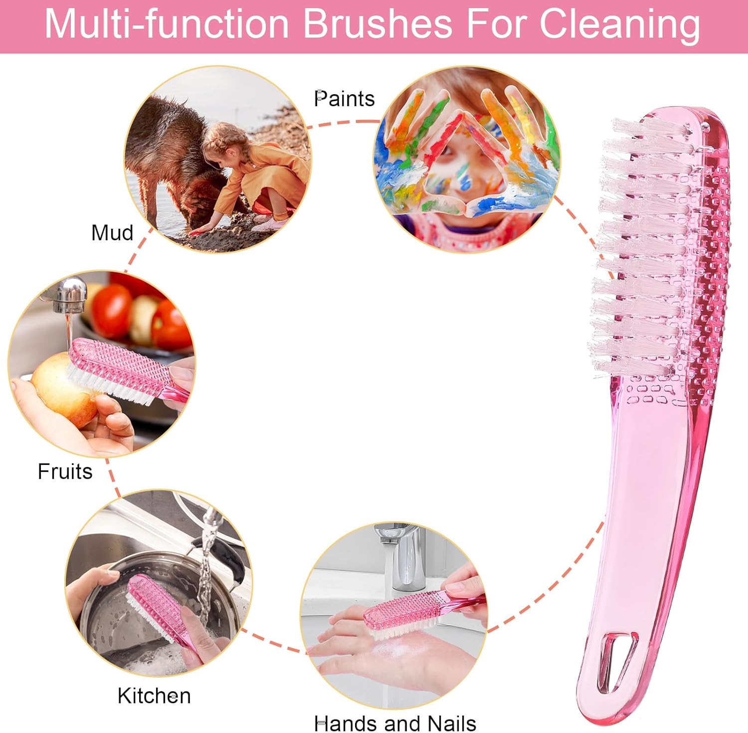 2 Pcs Handle Grip Nail Brushes for Cleaning, Long Handle Fingernail Cleaner, Hand Nail Toes Cleaning and Scrubbing Brushes, Pedicure Nail Scrubber Non-Slip for Men and Women, Hot Pink