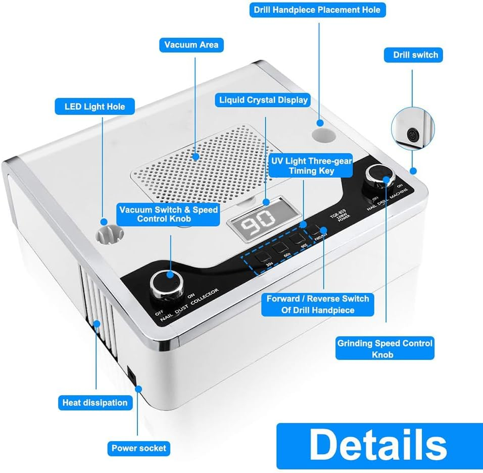 Xoxomeg 4 in 1 Nail Dust Collector, Nail Dryer Vacuum Cleaner with LED Lamp, 35000Rpm/Min, Adjustable Turning Direction, Electric Nail Drill Machine, for Salon & Home image number 1