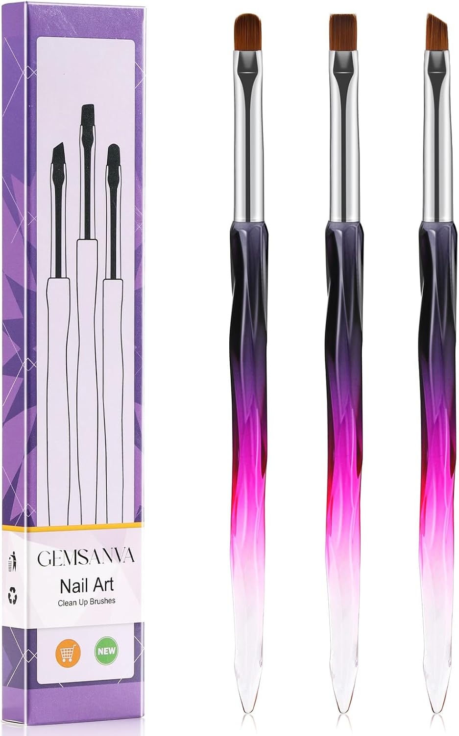 GEMSANVA Nail Art Clean up Brushes,3Pcs Nail Brush for Cleaning Polish Mistakes on the Cuticles,Flat/Oval/Fine Angled Gel Nail Brushes for Nail Art Design Painting and DIY Tools (BLACK PURPLE)