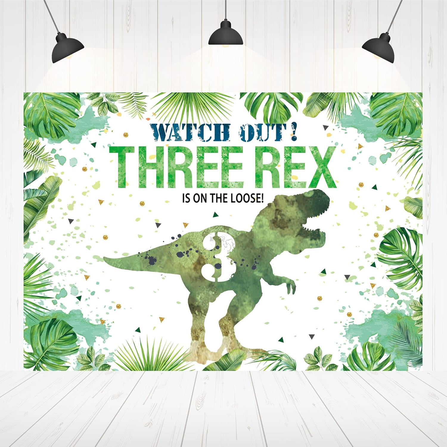 Hilioens 7&times;5Ft Three-Rex Birthday Backdrop for Boys Dinosaur 3Rd Birthday Green Leaf Background 3 Years Old Dinosaur Theme Party Banner Decorations image number 3