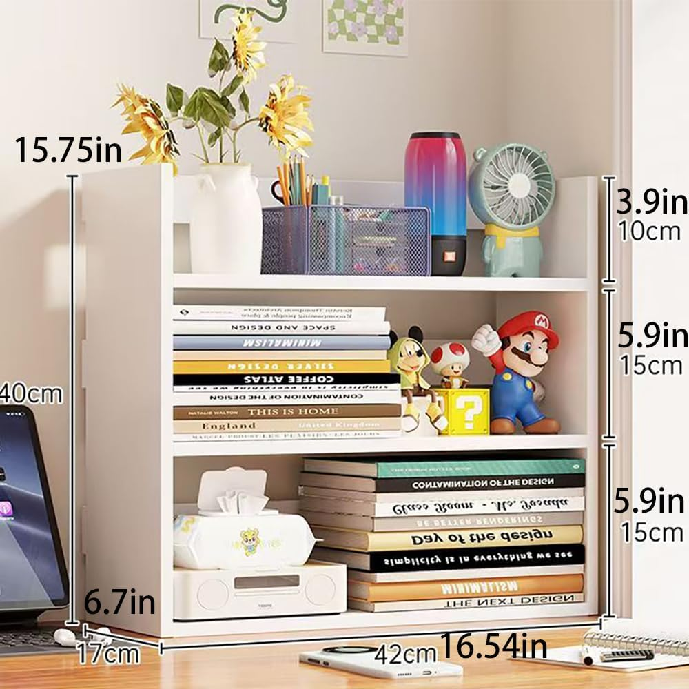 Hbluefat 3-Tier Desktop Bookshelf, Small Wood Countertop Bookcase Desk Organizer Literature CD Photo Display Storage Rack for Home Office (White) - Wood image number 7