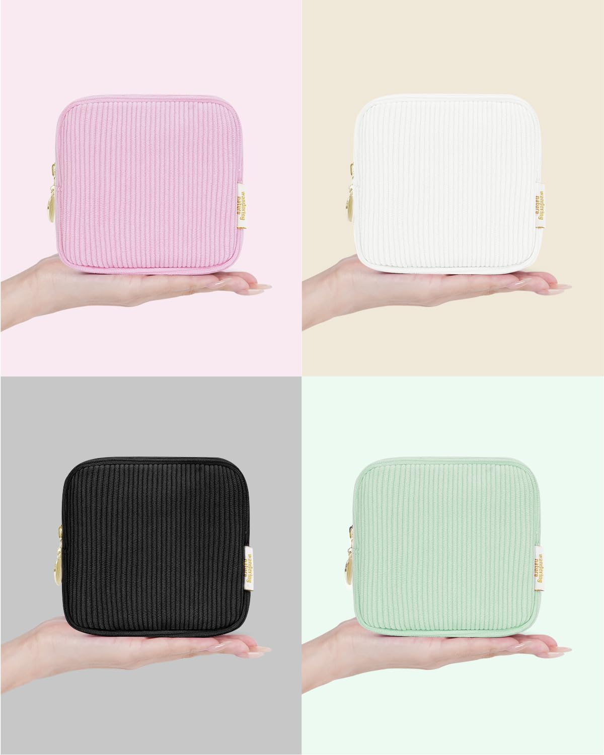 Wandering Nature Small Makeup Bag for Purse Zipper Cosmetic Bag for Women Pouch Travel Eco Vegan Leather Make up Organizer for Toiletry Bag Water Resistant Gift Idea, Black, Corduroy Pink, Mini,