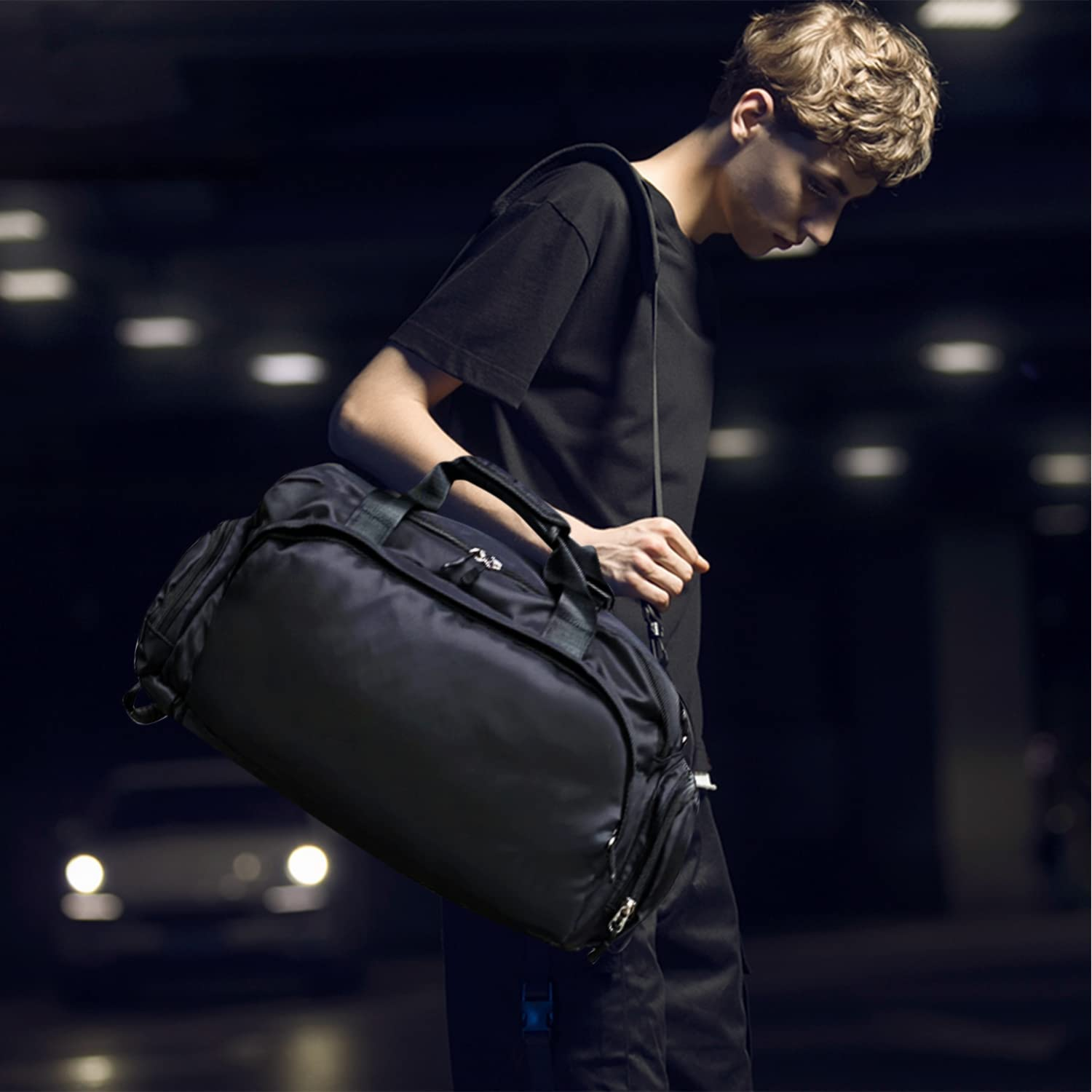 Gym Duffel Bag, Waterproof Sports Gym Bag for Men Women, Weekend Travel Bag, Folded Duffel Bag with Wet Pocket and Shoe Compartment, Sports Duffel Bag, Black image number 3