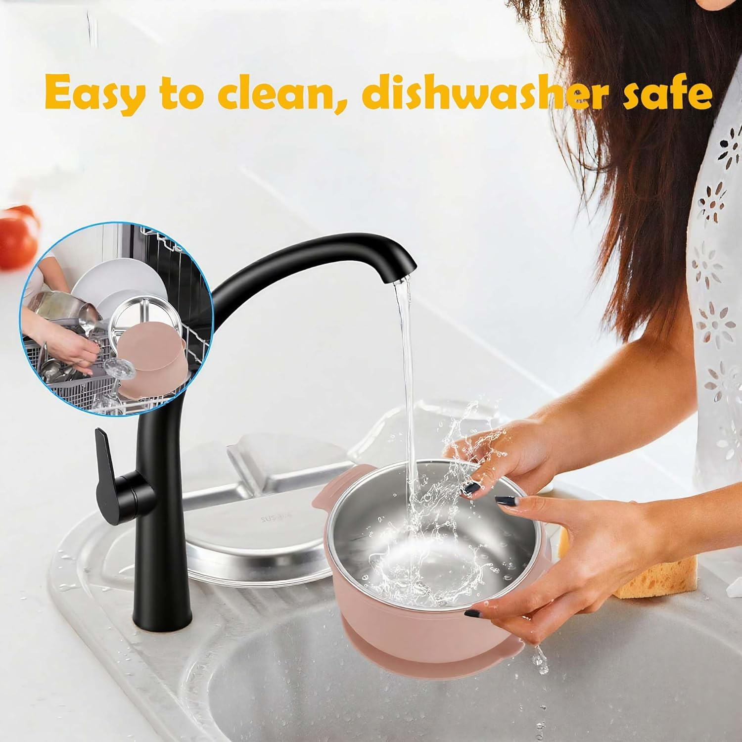 Stainless Steel Plate Kids Cutlery Set with Fork Spoon Bowl Bibs and Removable Silicone Suction Base (Pink)