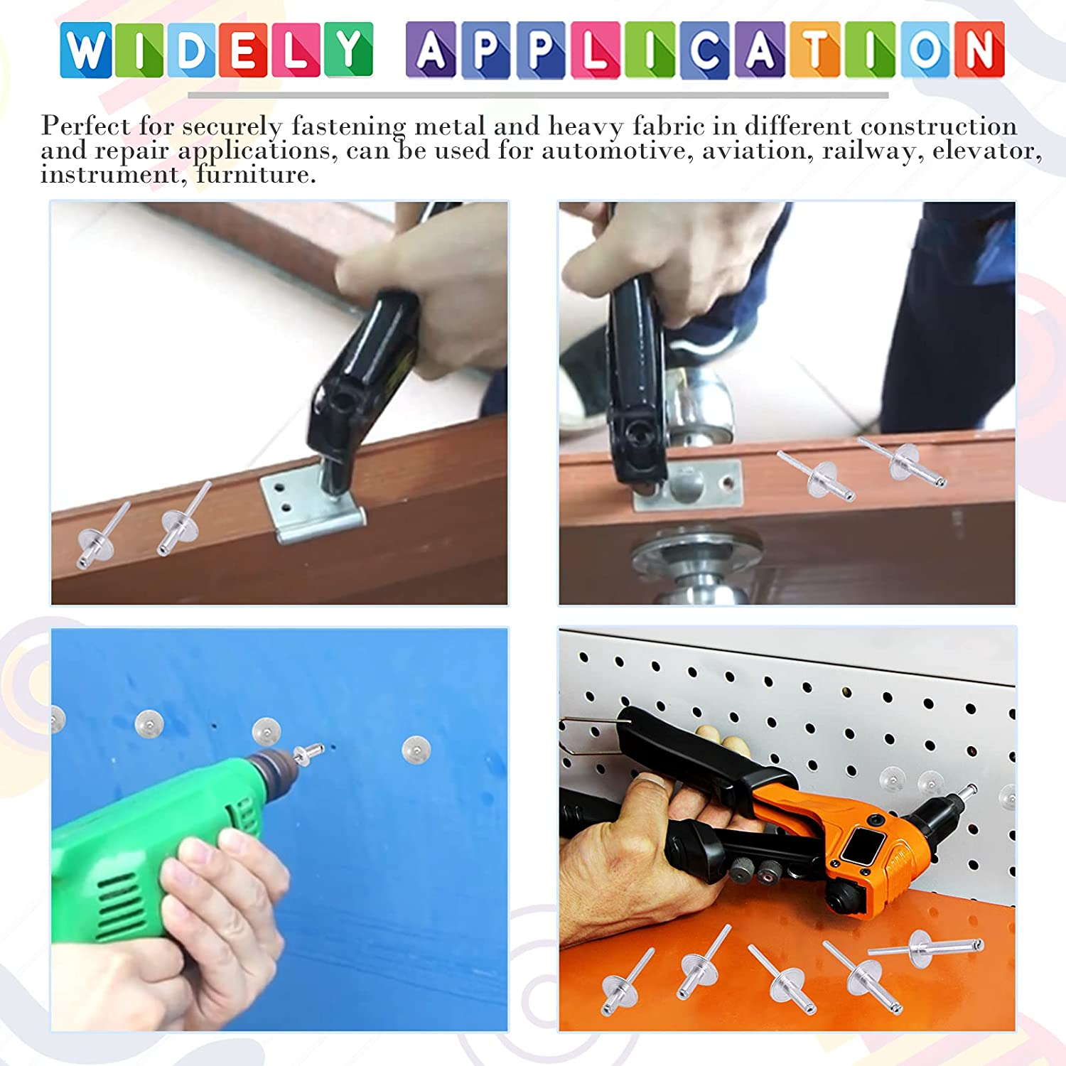 Glarks 240Pcs 3/16" X 3/8'' / 1/2'' / 5/8'' / 3/4'' / 1'' Large Flange Blind Rivets 5 Szie Aluminum Pop Rivets Assortment Set