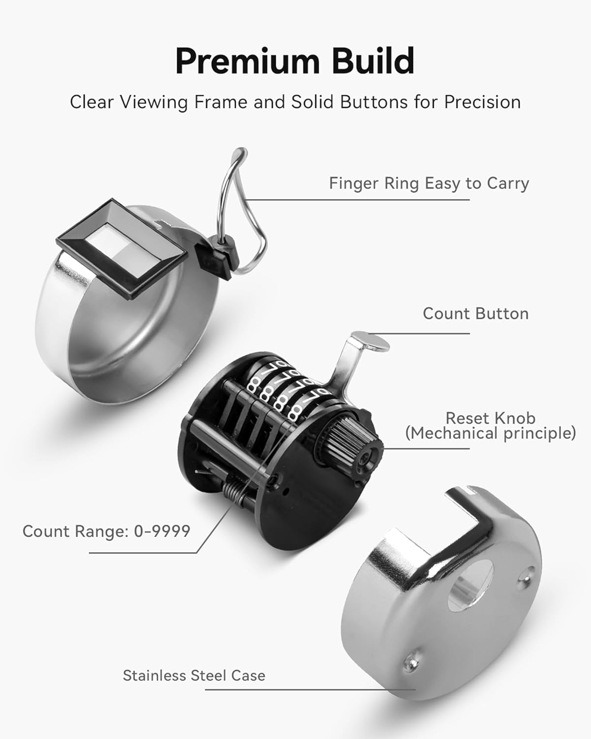 Clicker Counter, Hand Tally Counter Clicker, Metal Pitch Counter with 4 Digit Display and Finger Ring for Golf Stroke, Coaching, Lap, Row Sport, Event Counting image number 5