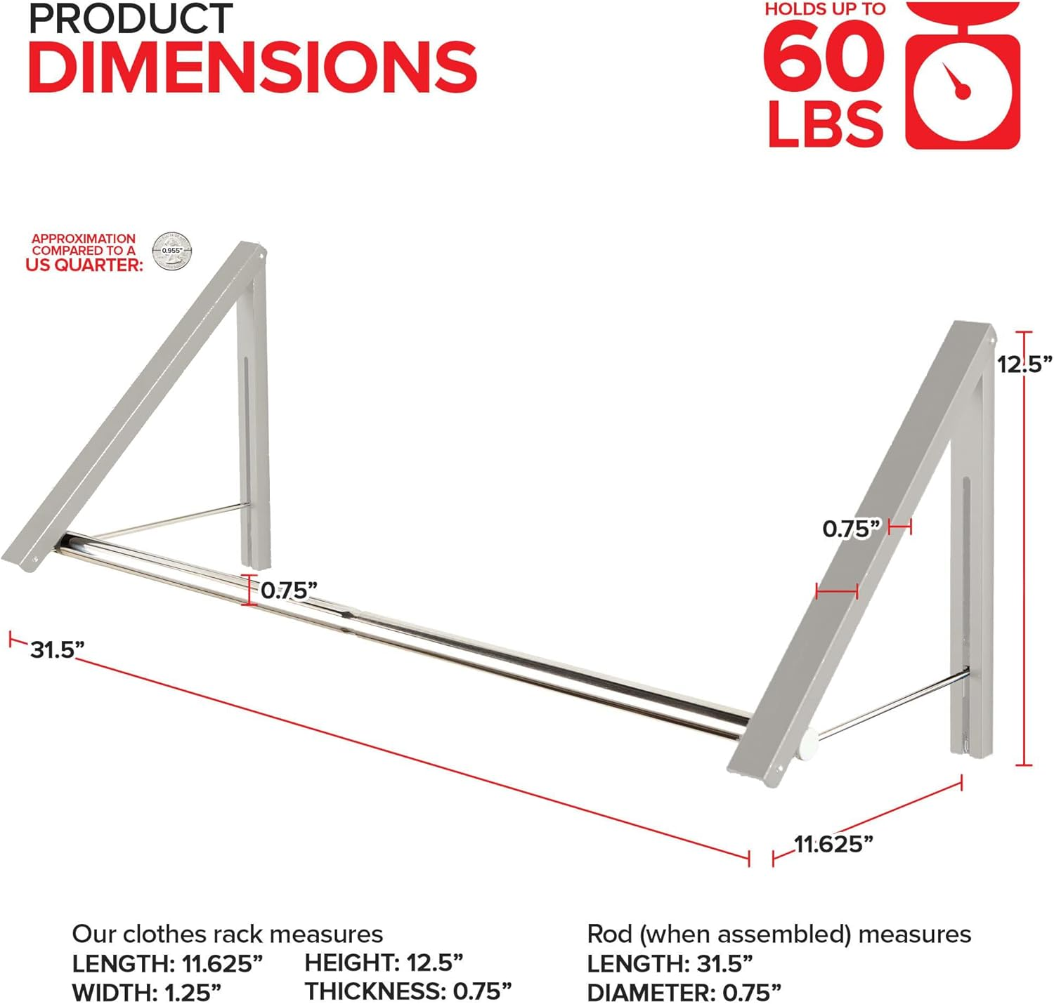 Stock Your Home Retractable Clothes Rack - Wall Mounted Folding Clothes Hanger Drying Rack for Laundry Room Closet Storage Organization, Aluminum, Easy Installation, 2 Racks with Rod (Silver) - White image number 7