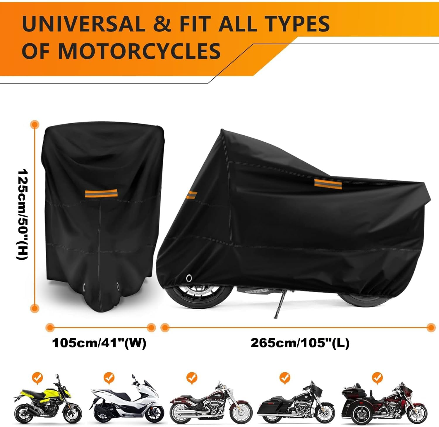 Xxx-Large Motorcycle Cover, Heavy Duty Motorcycle Cover, Universal Motorcycle Cover, All Season Universal Weather Quality Waterproof Sun Outdoor Protection Night Reflective with Lock-Holes (Black) image number 2
