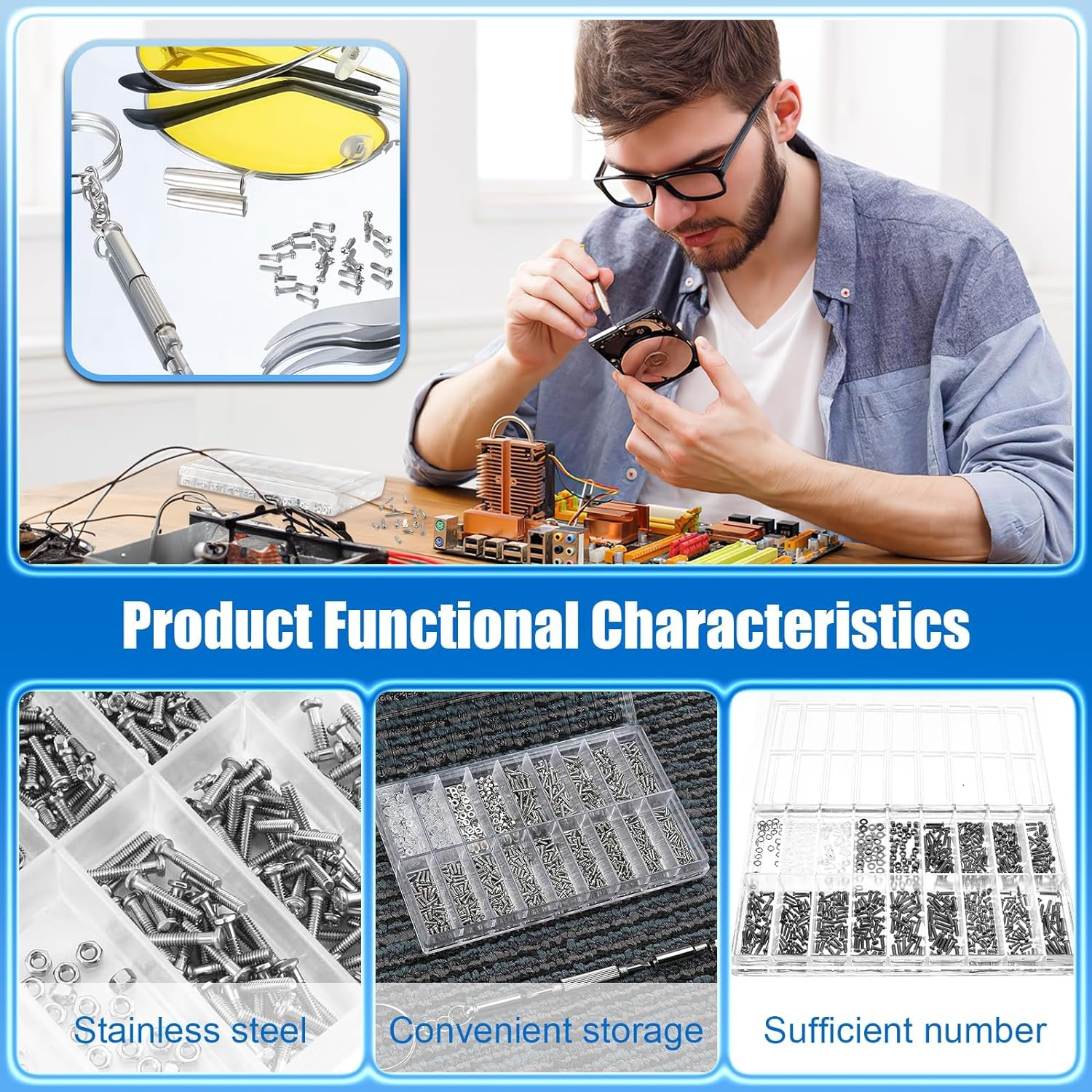 Eyeglasses Repair Tool Kit, Eyeglass Repair Kit with Glasses Screwdriver, 14 Sizes Glasses Screws for Eyeglasses, Sunglasses, Watch, Clock, Electronics Repair (1000Pcs) image number 6