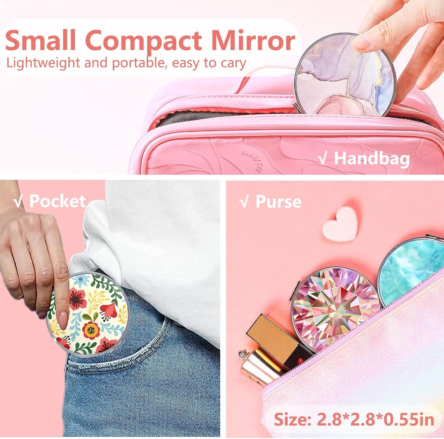 Acedada Pocket Mirror, Compact Mirror, Small Mirror for Purse, Portable Travel Makeup Mirror, Folding Handheld Double-Sided 1X/2X Magnifying Compact Mirror for Women Girls - Black Gilt image number 1