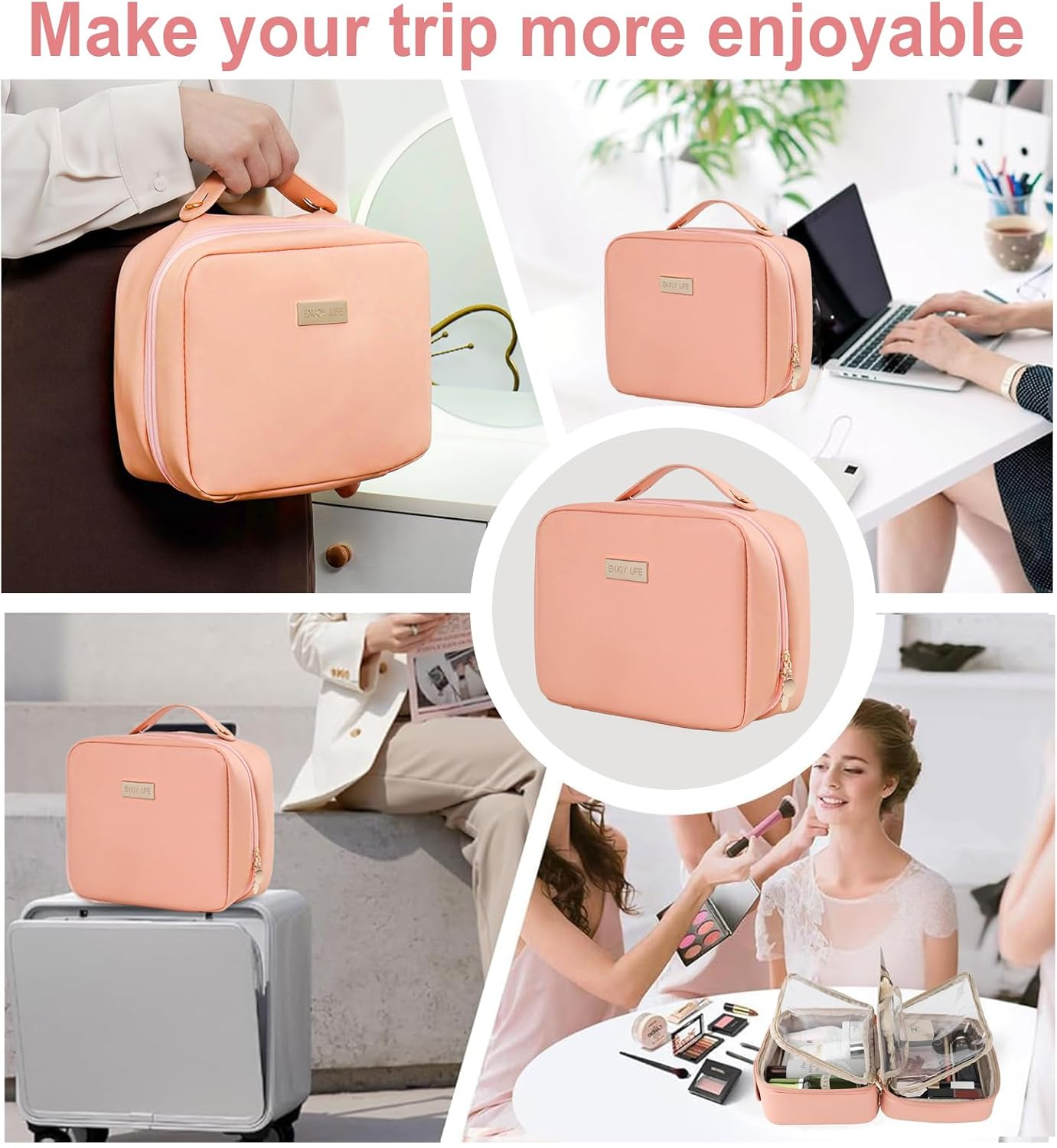 Travel Makeup Bag, Large Capacity Cosmetic Bag, PU Leather Waterproof Cosmetic Bag, Women Portable Travel Makeup Bag with Handle and Free-Standing Brush Holder, Pink, Elegant image number 3