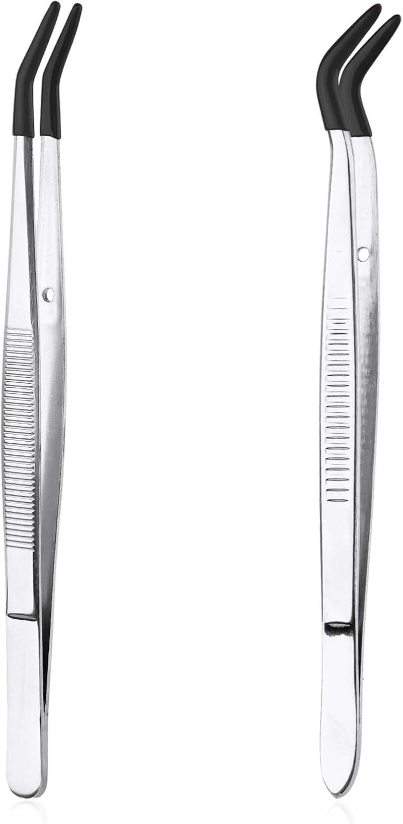 XIHIRCD 2Pcs Bent Tweezers with Rubber Tips, Curved Tip Tweezers, Stainless Steel, Compact, Red, Black