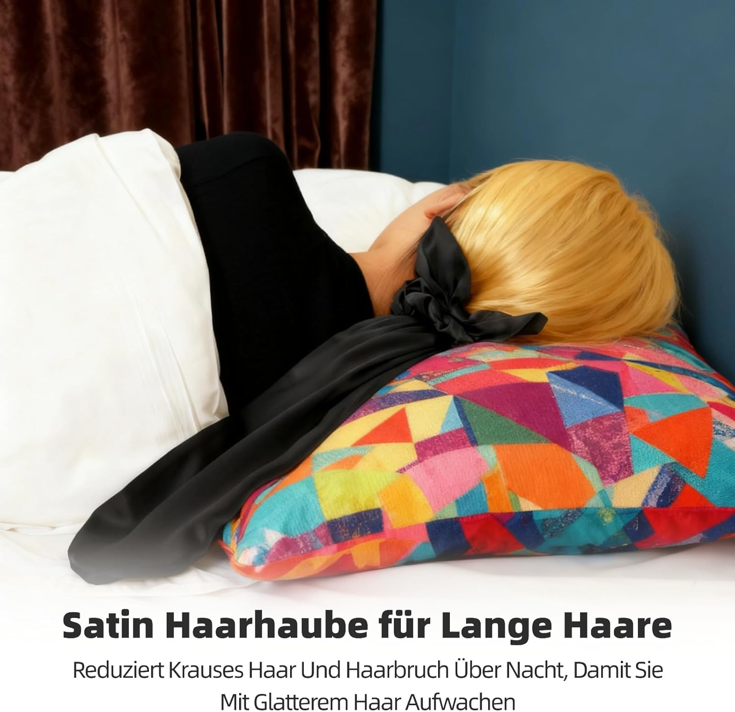 Satin Sleep Cap for Long Hair, 2 in 1 Silky Fabric Sleep Cap with Headband Hair Protection for Natural, Curly or Braided Hair, Black image number 4