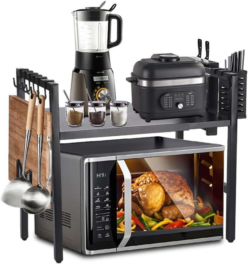 Expandable Microwave Rack for Kitchen Countertop - Carbon Steel Shelf with 6 Hooks, Knife Holder, Cutting Board & Chopstick Organizer, Space-Saving Storage (Double-Layer) image number 3