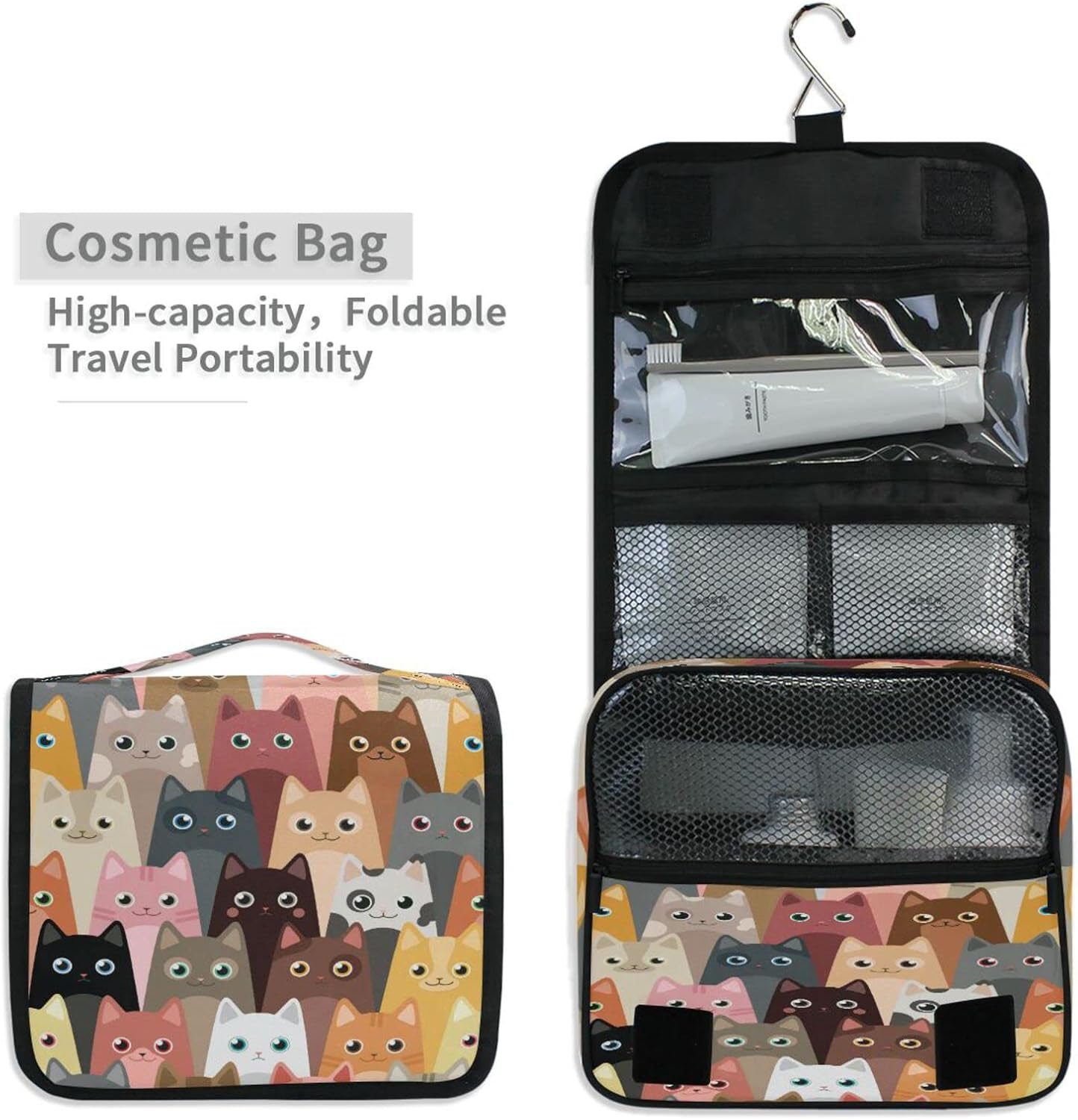 Cute Animal Cat Pattern Hanging Toiletry Bag for Women Men, Portable Makeup Bag Organizer Cosmetic Bag for Purse Pouch Waterproof Travel Essentials Large Wash Bag for Kids Girls, Multicolor, One Size image number 4