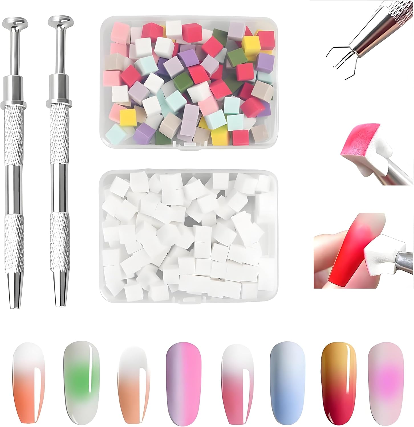 200Pcs Nail Sponges for Ombre - 100 White & 100 Colour Sponges + 2 Claw Pens Kit | Reef-Safe Ombre/Blooming Tools for DIY Nail Art,Home & Salon image number 3