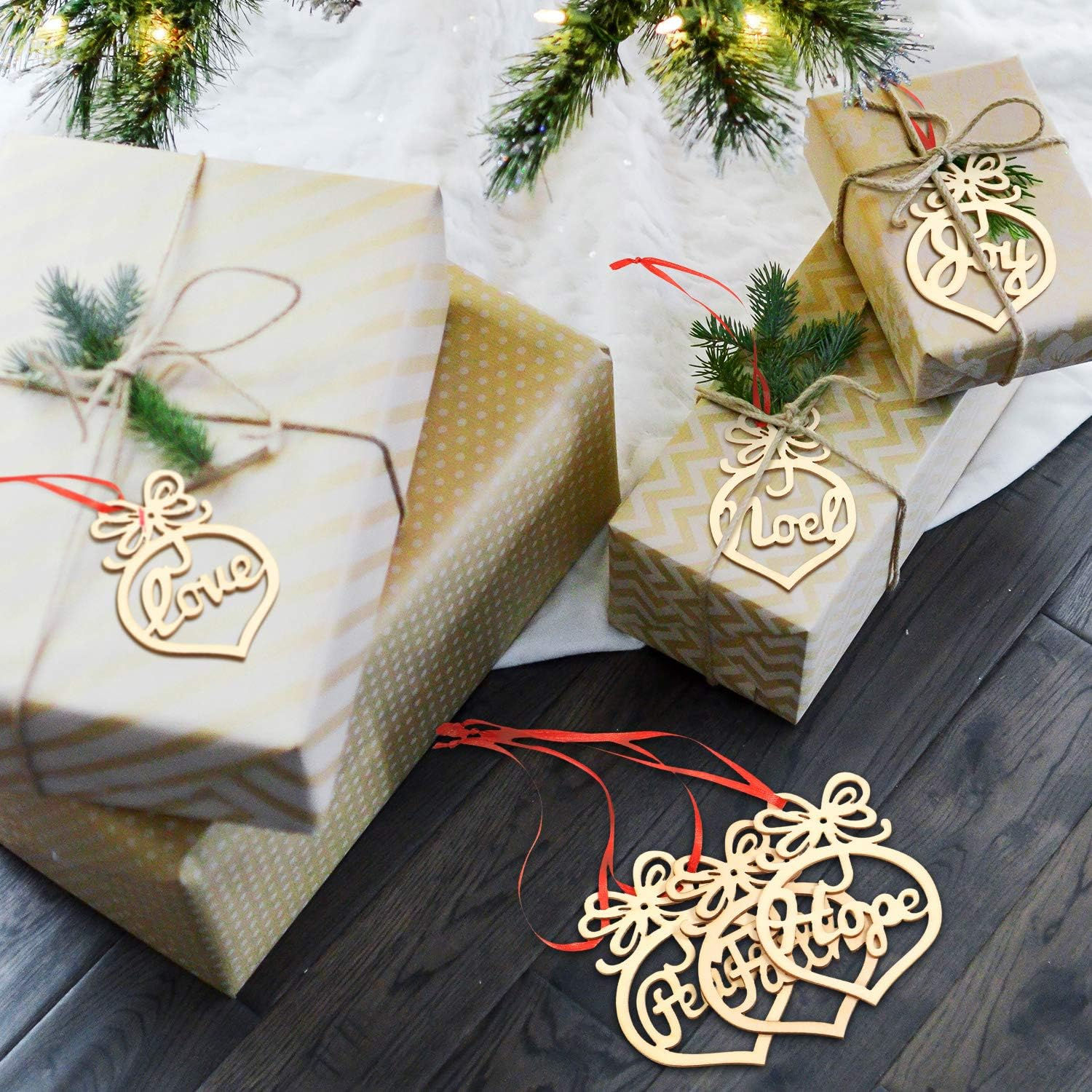 Boao 72 Pieces Christmas Wooden Hollow Hanging Ornaments Christmas Tree Hanging Tags with Red Ribbons for Xmas Decorations image number 3