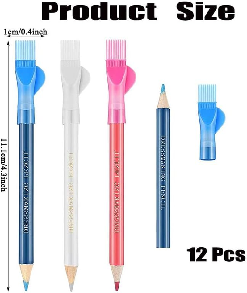 12Pcs Tailors Chalk with Brush Cap,Fabric Pencils Water Soluble Pen Tailor Mark Chalk with Brush Cap,Three Colors Pencils for Tailors Chalk,Sewing Pencils for Tailor or Home Marker and Tracing Tools image number 2