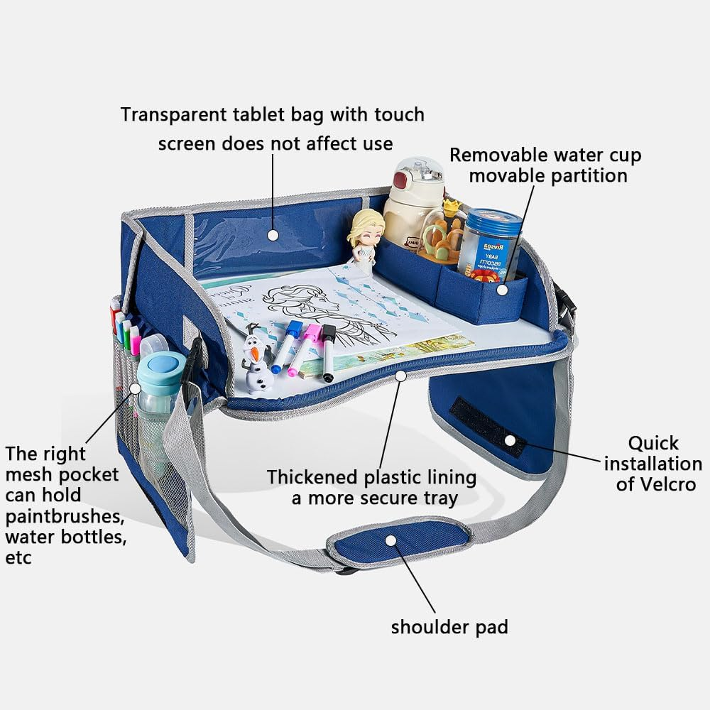 HYAVIA Kids Travel Tray with Whiteboard, Car Seat Drawing Board for Toddlers, Portable Activity Lap Tray with Storage Pockets & Adjustable Strap, Navy Blue, 44&times;34&times;11Cm