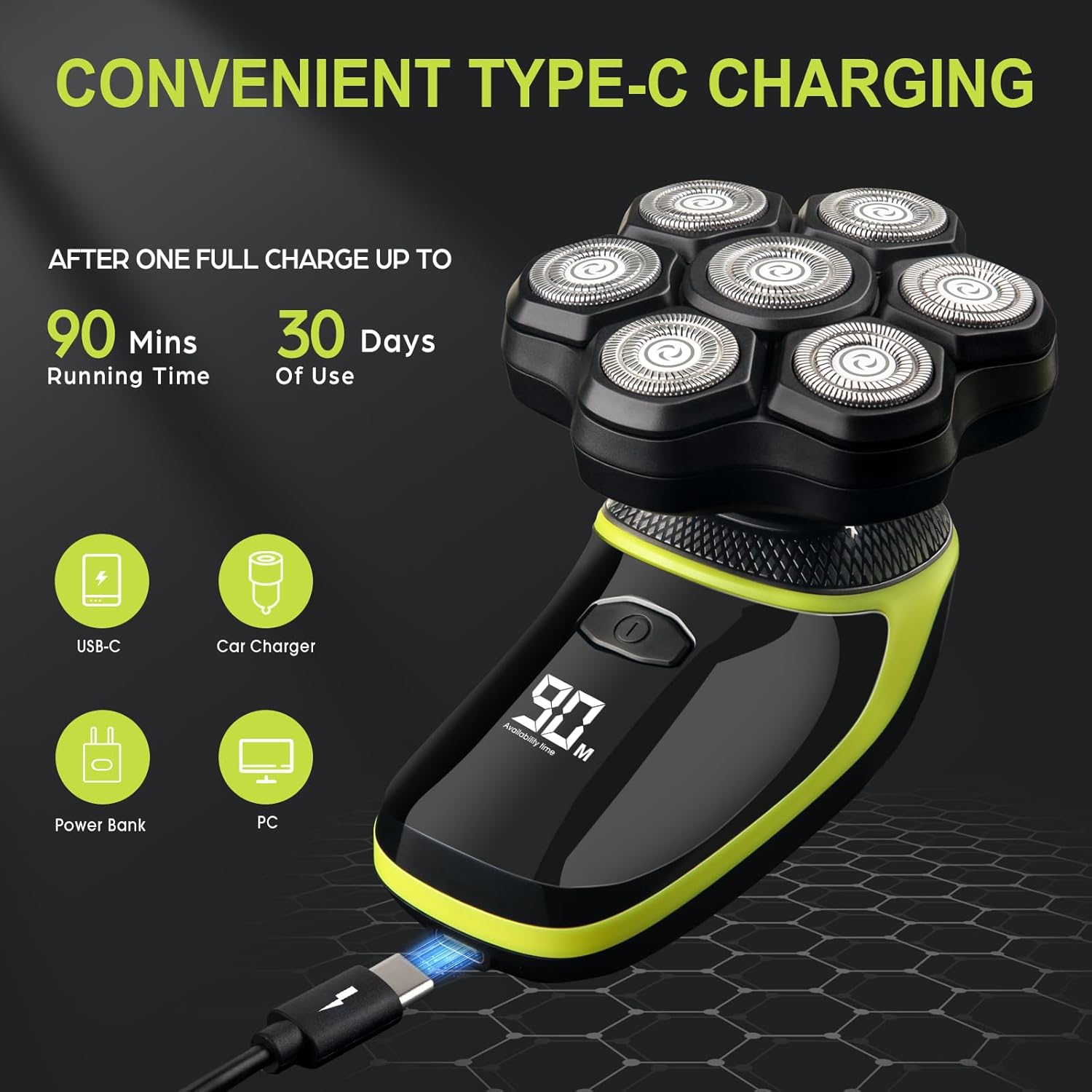 Detachable 7D Head Shavers, Telfun 5-In-1 Electric Razor IPX7 Waterproof for Bald Men, Wet/Dry LED Display Rechargeable 7D Rotary Shaver Grooming Kit with Type-C Charge image number 5